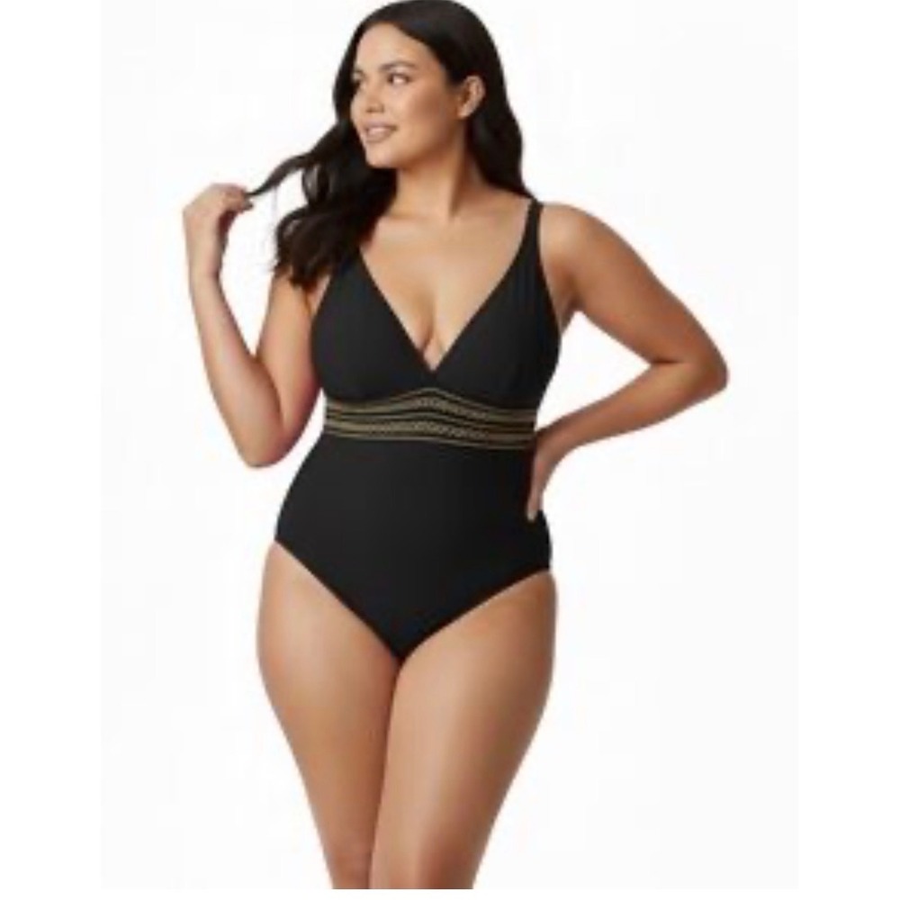 City Chic Lucia Black One Piece Swimsuit Plus Size XS 14 V-Neck Underwire New